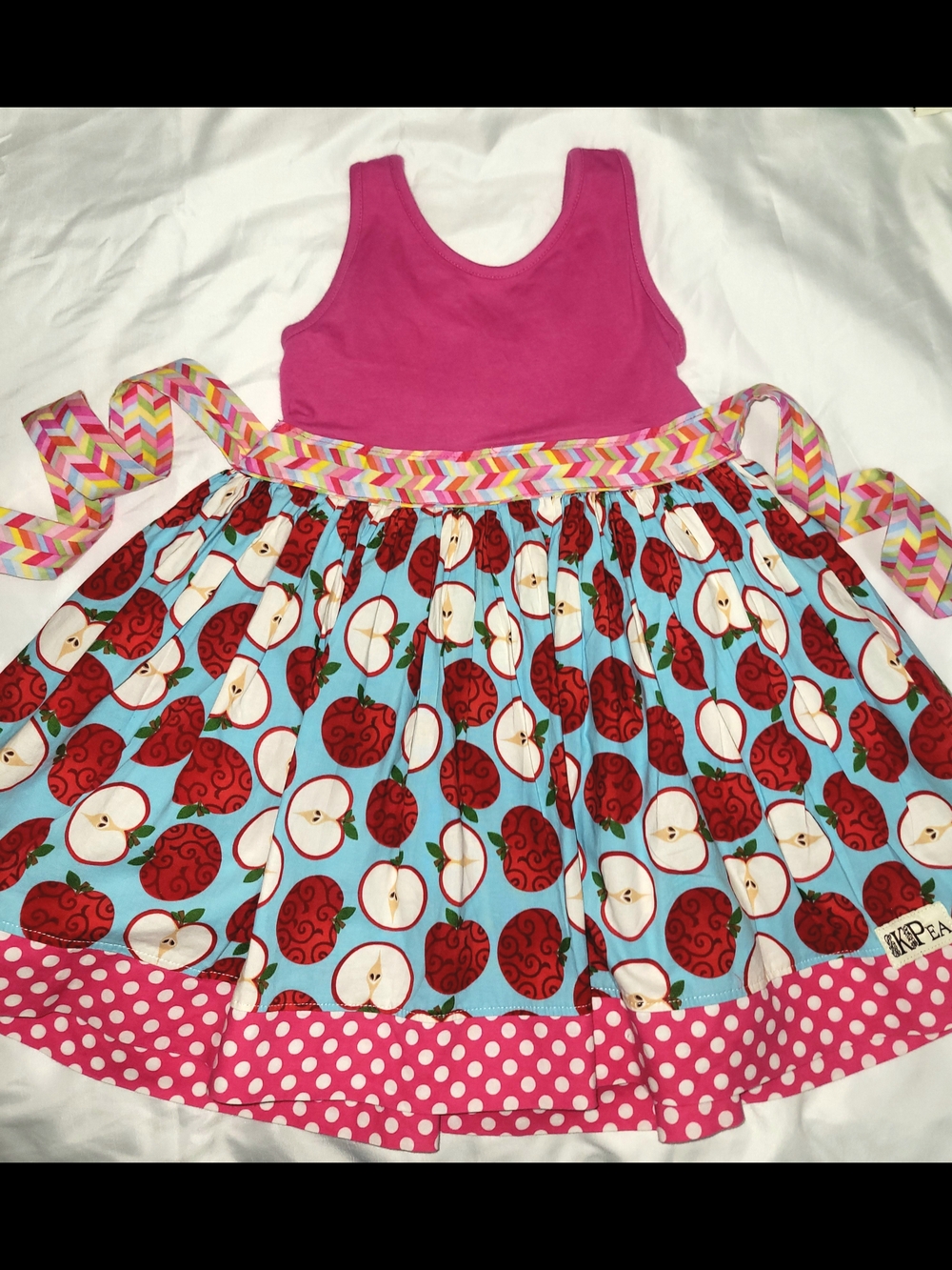 Girls Pink Tank Dress with Apple-Print Skirt